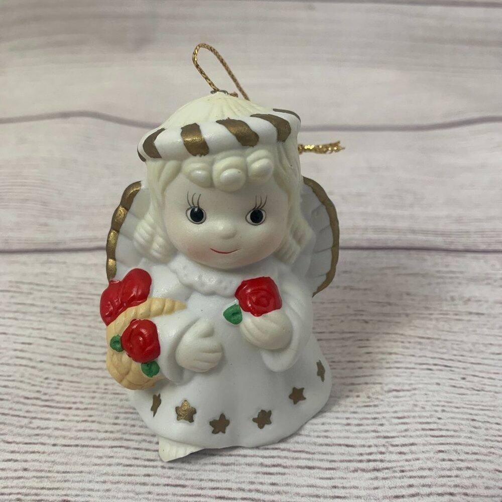 Giftco Inc Vintage Angel Bell Christmas Ornament Ceramic with Red Roses 3"